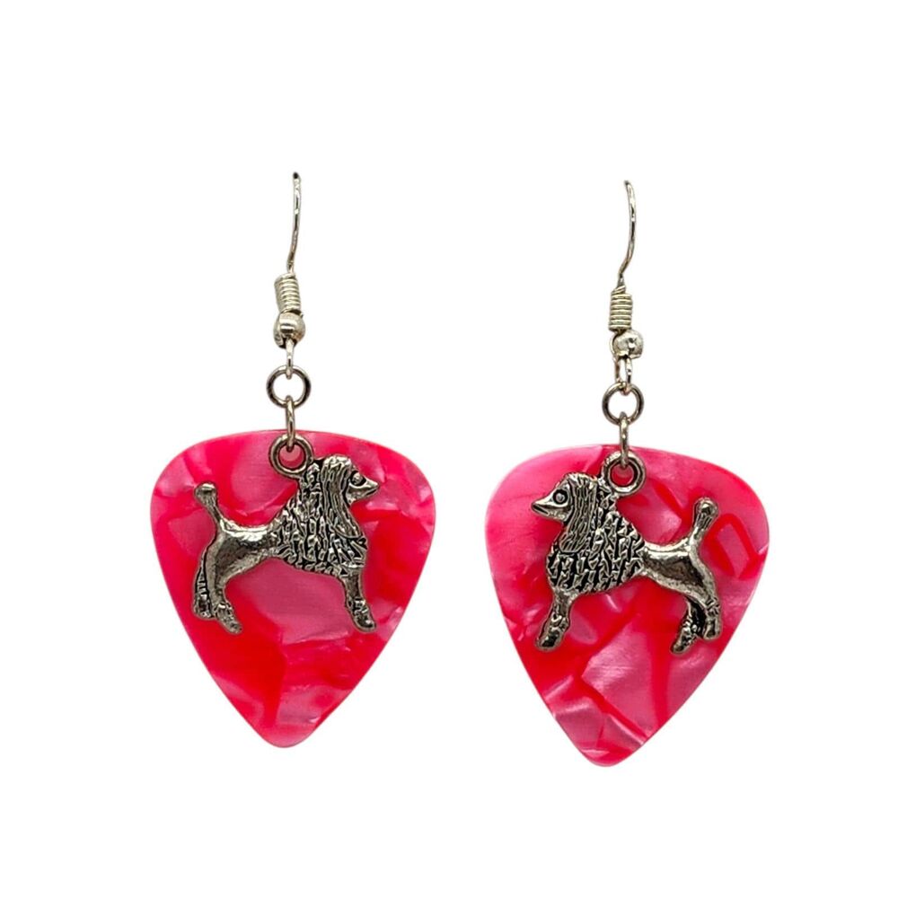 Poodle Dog Charm on Guitar on Pick Earrings - Choose Color - Handmade in USA